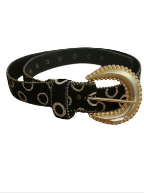 Vintage Black Velvet Gold Metallic Circle Trim Goldtone Buckle Belt M/L
